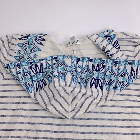 Orvis Hooded Pullover Embroidered Top Sweatshirt Tunic Creme Blue Size Medium - Picture 7 of 12
